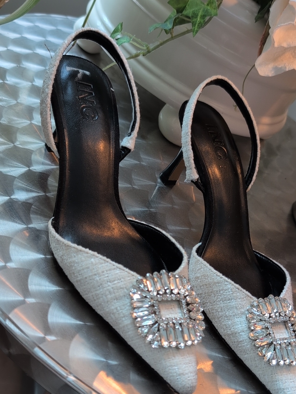 INC International Concepts Ivory Crystal-Embellished Slingback Heels